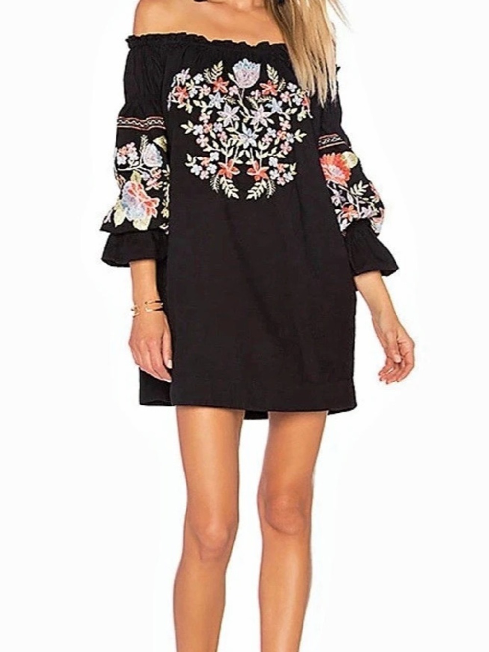 Free People Fleur Du Jour Floral Off-Shoulder Mini Dress Black Tunic Embroidered